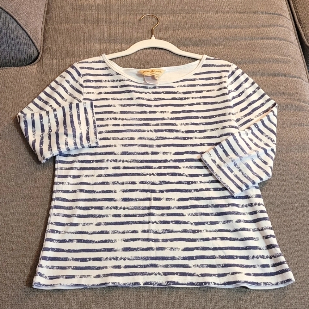 Norm Thompson Striped Casual Boho Lightweight Gray White Top Size Small